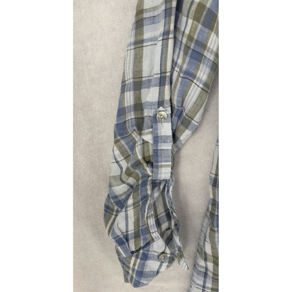 J Jill Love Linen Button Up Plaid Popover Tunic Shirt L 💯 Linen Roll Tab Sleeve - Picture 7 of 14